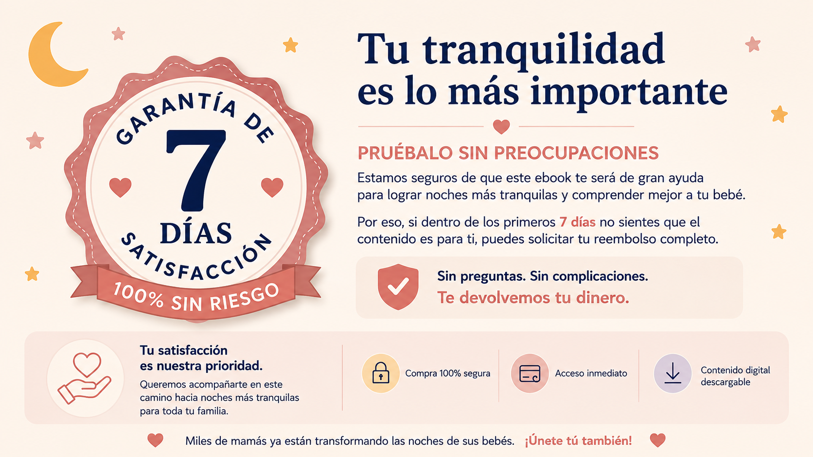 Garantía de 7 días de satisfacción. Sin preguntas, sin complicaciones. Te devolvemos tu dinero.